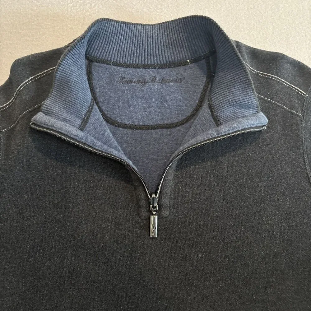 Tommy Bahama LARGE Reversible Blue & Gray Quarter Zip Long Sleeve Men's EUC Soft